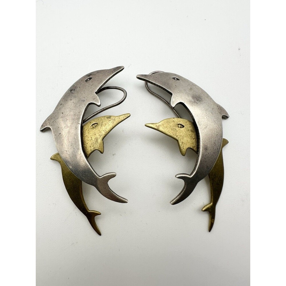 Vintage Taxco Sterling Silver Mixed Metal Dolphin Earrings TS-18